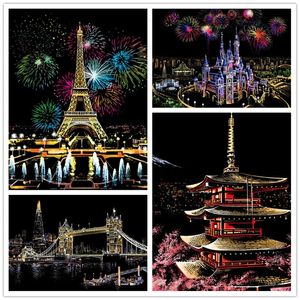 Pinturas 41 * 28 cm DIY Magic Night View City Scratch Paintings Art Crafts Papel Adulto Niños descomprimidos Dibujo Juguetes Decoración para el hogar Imagen 231010