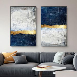 Peintures abstraites bloc d'or bleu toile affiche et impression peinture moderne doré mur art nordique marine image pour salon décor DH1SP