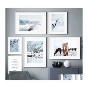 Pinturas Alpes Ice Mountain Smog Pine Forest Horse Wall Art Canvas Pintura Pósters nórdicos e impresiones Imágenes para la decoración de la sala de estar Dh3Ry