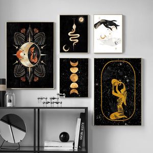 Pinturas Brujas Negras Arte Mágico Pintura Regalos Fases Lunares Sirena Mano Carteles e Impresiones Mid Century Lienzo Imágenes de la pared Decoración del hogar 230823