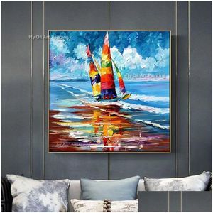 Peintures Colorf Nautique Yacht Voilier sur la mer Peinture à l'huile Toile Mur Art Scape fait à la main pour salon chambre maison décembre Dhbpj