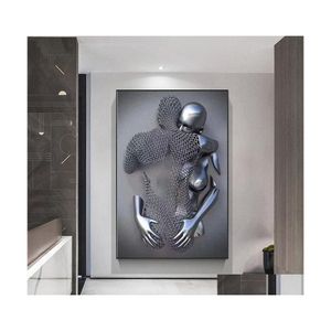 Pinturas Parejas Figura de metal Estatua Pintura en lienzo Nordic Love Kiss Cartel e impresiones Sexy Body Wall Art Pictures para sala de estar Dhgxe