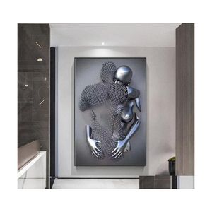 Peintures Couples Metal Figure Statue Toile Peinture Nordic Love Kiss Affiche et impressions Sexy Body Wall Art Photos pour salon Dhgxe