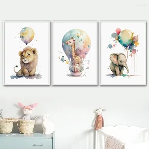 Peintures Mignon Safari Animal Lion Girafe dans un ballon Pépinière Aquarelle Affiches Toile Peinture Mur Art Imprimer Image Enfants Chambre Décor