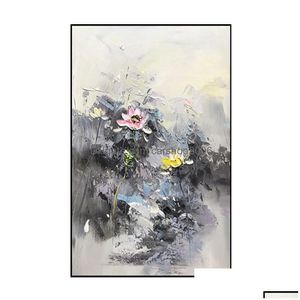 Peintures à la main chinois noir et blanc fleur couteau abstrait peinture à l'huile sur toile moderne mur art salon décor à la maison goutte dhrsg