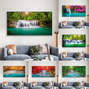 Pinturas Paisaje Cascada natural Lienzo Pintura Árbol verde Bosque Carteles e impresiones Arte de la pared Sala de estar Decoración del hogar Sin marco 231123