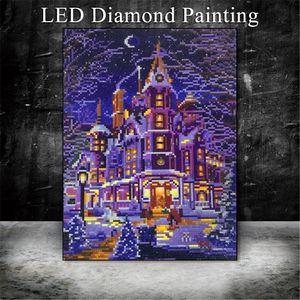 Pinturas Luz LED Pintura de diamante Paisaje de invierno Bordado Venta Taladro redondo completo Mosaico 30x40 cm con marco 231205