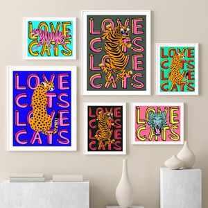 Pinturas Love Cats Tiger Leopard Portrait Blue Art Print Cartoon Kids Room Wall Poster Quote Colorful Cool Canvas Painting Home Decor 230721