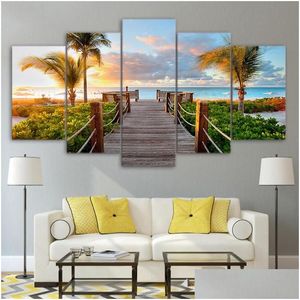 Peintures Modar Pictures Cadre HD Imprimer Moderne Home Decor 5 Panneau Coast Board Walk Palms Beach Salon Mur Art Peinture Dro Dhh0X