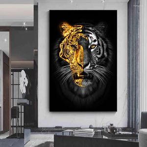Pinturas modernas abstractas de animales, tigre negro dorado, cuadro sobre lienzo para pared, sala de estar, decoración del hogar, imágenes, carteles e impresiones, Cuadros