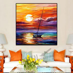 Pinturas Cuchillo moderno pintura al óleo sobre lienzo hecho a mano mar velero hermosa puesta de sol velero cuadro de pared para sala de estar dormitorio pared