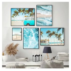 Pinturas Estampados modernos Mar Playa Autobús Palmera Cuadro sobre lienzo para pared Decoración nórdica Cuadro Paisaje tropical escandinavo Póster Woo