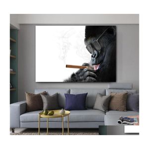 Pinturas Monkey Smoking Posters Pintura de pared en blanco y negro para sala de estar Decoración para el hogar Animal Canvas Pictures No Frame D Homefavor Dh7V4