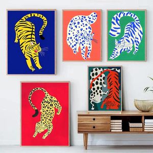 Pinturas Nórdico Rojo Azul Verde Tigre Leopardo Póster Lienzo Pintura Abstracto Animal Arte de la pared Impresiones Imagen Cama Habitación Decoración del hogar