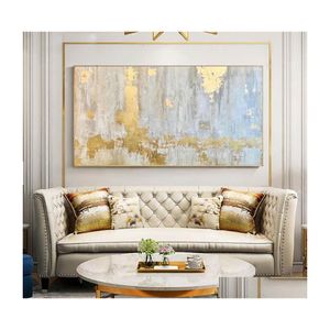 Pinturas Arte de la pared nórdica Pintura al óleo dorada sobre lienzo Textura azul dorada abstracta Gran salón Interior Decoración para el hogar Entrega de la gota Gar Dhh2M