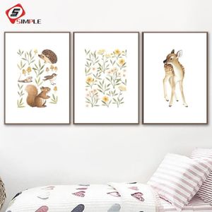 Pinturas Nursery Woodland Wall Art Ardilla Ciervo Lienzo Pintura Flor Pósteres e impresiones Pequeño bosque Animales Imágenes para Liv230B