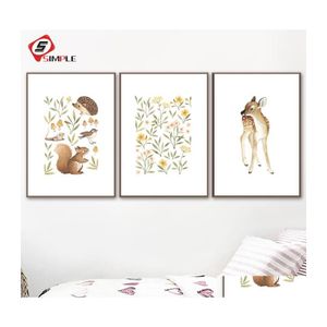 Pinturas Nursery Woodland Wall Art Ardilla Ciervo Lienzo Pintura Flor Pósteres e impresiones Pequeño bosque Animales Imágenes para Livin DHP5F