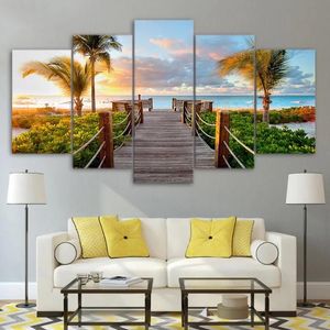 Peintures peintures modulaires images framework hd imprimer la décoration intérieure moderne 5 panneau de côte de côte promenade palmier plage salon mural peinture art