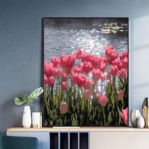 Peintures Rose fleur salon peinture décorative coucher de soleil rose en gros numérique huile à la main cure 231214