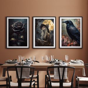 Pinturas Rose Gothic Victorian Dark Academia Crow Witch Ghost Halloween Wall Art Canvas Carteles Imágenes de estampado Decoración de sala de estar 230815