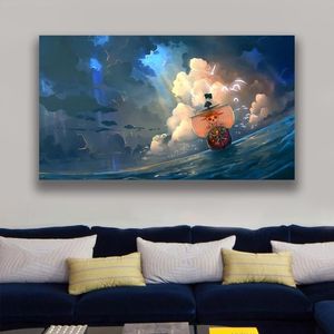 Pinturas Thousand Sunny Ship Anime Manga Póster Enmarcado Marco de madera Lienzo Arte de la pared Decoración Impresiones Dormitorio Hogar Dormitorio Decoración Pai226V