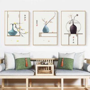 Pinturas Póster de estilo chino tradicional, florero, arte de pared, pintura en lienzo, impresión minimalista, imágenes de pared para sala de estar, decoración del hogar X0