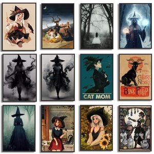 Peintures Vintage surréaliste sorcière chat noir Halloween toile sorcières sabbat affiches et impressions mur art photos chambre décor à la maison 230901