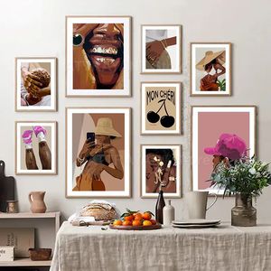 Pinturas Arte de la pared Pintura de la lona Sexy Mujer Negra Moda Hip Pop Chica Diamante Dientes Pósteres e impresiones Imágenes para el hogar Sala de estar Decoración 231205