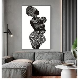 Pinturas Imagen de pared blanca Póster Impresión Decoración para el hogar Hermosa mujer africana con bebé Dormitorio Arte Lienzo Pintura Negro And262R