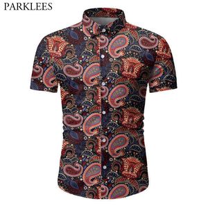 Paisley Floral Summer Shirt Men Retro Camisa Hawaiana Hombre Slim Fit Mens Camisa de manga corta Flower Men Casual Shirts 210524