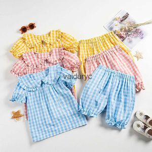 Pyjamas Girls Sleepwear Clothes sets Summer 2pcs Plaid Cost For Kids Momewear Ruffle Collar et Shorts Ldren Pajamas Clothing H240509