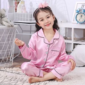 Pyjama pyjama rose pour enfants printemps et automne costume en soie à manches longues garçons et filles cardigan haut pantalon taille 8-18 230306