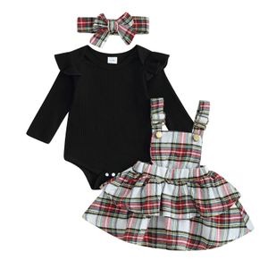 Pyjamas Pudcoco infantile né bébé filles 3 pièces jupe ensembles noir à manches longues à volants barboteuse à carreaux bandeau à bretelles 0 24 M 231215