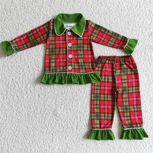 Pyjamas en gros bébé fille noël plaid vêtements de nuit vêtements enfants à manches longues boutonné ensemble pantalon à volants tenue infantile 230906