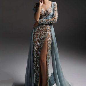 Pale Dusty Blue High Split Mermaid Robes De Soirée Robes 2022 Perlé De Luxe Élégant Pour Femme Robe De Bal De Fête