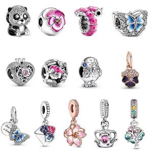 Pandora-925 Sterling Silver Dangle Charms Spring New Pink Pansy Flower Diy Crown Pulsera Accesorios Blue Glittering Butterfly Beads