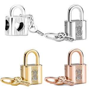 Pandora-925 Sterling Silver Dangle Charms Love Lock, Key Lock, Accesorios de joyería de tres colores Ornamento Ajustable Pull Bracelet Bead, Caja de Pandora gratis al momento de la compra