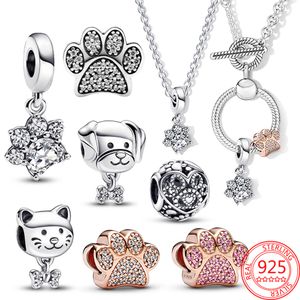 Pandora Pet Pendant S925 Sterling Silver Dog Cat and Fur Printed Jewelry Charm Adecuado para pulsera DIY Joyería de moda
