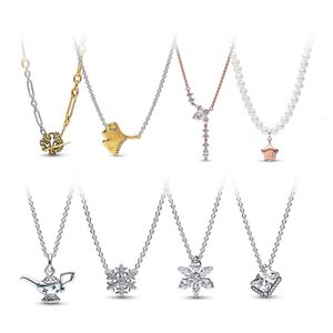 Pandoras Empereur S925 Argent Sterling Ginkgo Feuille Thé Pot Designer Collier Glace Cristal Neige Fleur Asymétrique Carré Haute Qualité Bijoux de luxe