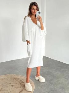 Pantalon Hiloc mi-mollet coton chemise de nuit femme robes lanterne manches robe de nuit femmes vêtements de nuit couleur unie col en V chemise de nuit hiver