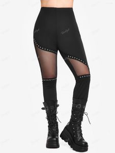 Pantalon ROSEGAL Plus Size Gothique Skinny Leggings Black Mesh Panel Studs Pantalon Rivets PU Leather Pull On Mujer 4XL