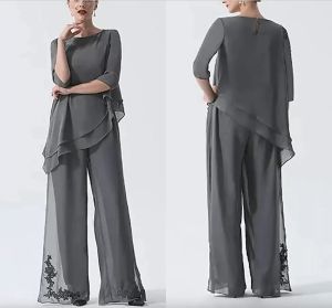 Combinaison pantalon pour mère de la mariée, grande taille, col bijou, longueur au sol, en mousseline de soie, manches 3/4, robes de soirée en dentelle, vêtements de cérémonie pour femmes