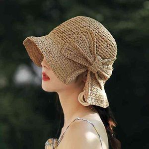 Padre-hijo 100% Raffia Bow Sun Hat Wide Brim Floppy Summer Hats para mujeres Beach Panamá Straw Dome Bucket Hat Femme Shade Hat G220311