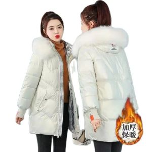 Parkas brillante renunciado lavado invierno nueva versión coreana suelta abrigo de algodón de largo medio cuello de pelo grande sombrero puede descargar chaqueta acolchada