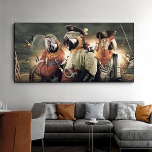 Loro disfraz de pirata pinturas en lienzo divertidos carteles de animales e impresiones imágenes artísticas de pared para sala de estar Cuadros decoración del hogar