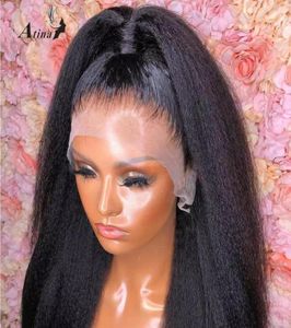 Parte prejuguado de lacio de encaje sintético de yaki italiano Kinky recto 13x4 peluca de encaje invisible brasileño con cabello para bebés608077555