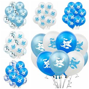 Decoración de fiesta 10 unids / lote 12 pulgadas Azul Blanco Avión Globos de látex impresos para niños Cumpleaños Bolas de aire Baby Shower Supplies75248o