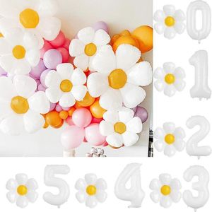 Decoración de fiesta, 2 uds., globos de papel de aluminio con flores de margaritas con 0-9, juego de globos con números blancos para niños, suministros de decoración de cumpleaños para Baby Shower