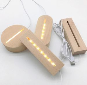 Decoración de la fiesta 30 unids LED Cable de madera sólido USB Luz de noche 3D Tenedor blanco Caliente Lámpara de madera Redonda Oval Rectángulo Forma Base SN