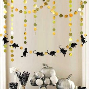 Decoración de fiestas 33 pies Decoraciones de banner de rata Halloween Rates negros Círculo de oro Dot Bunting Rats Genland Streamer para suministros de ratón
